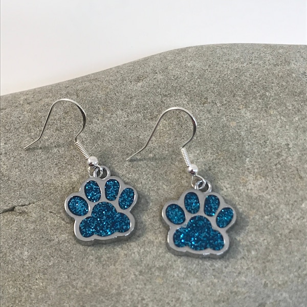 Glitter enamel paw print charm earrings, 925 silver wires, gift for dog mom