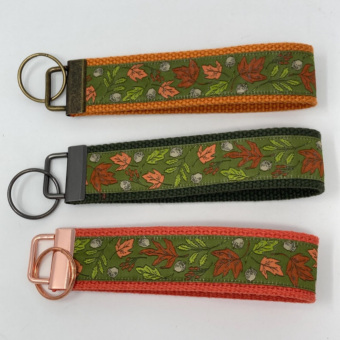 Fall Leaves Key Fob Wristlet Keychain Keyring, Designer Jacquard Ribbon ...