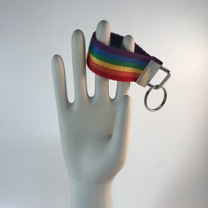 K&ouml;nnte beinhalten: Ein regenbogenfarbener Schl&uuml;sselanh&auml;nger mit einem silbernen Schl&uuml;sselring. Der Schl&uuml;sselanh&auml;nger ist aus gewebtem Stoff mit roten, orangen, gelben, gr&uuml;nen, blauen und violetten Streifen.