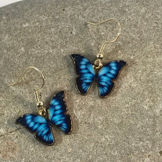 Boucles D'Oreilles Papillon Bleu Pierres Dorées - Garanti Sans Nickel N°716 - Neuf Avec Étiquettes