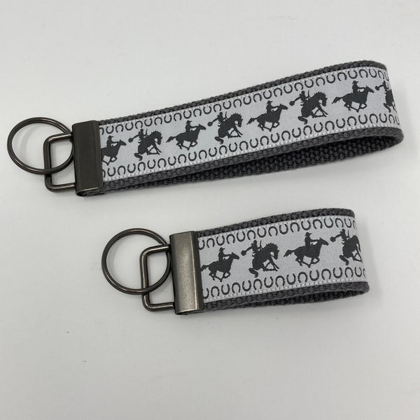 Cowboy Jacquard Ribbon Key Fob Wristlet Keychain Keyring, Broncos Rodeo Horses Key Fob