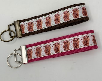 Highland Cow Key Fob, Wristlet Keychain Keyring