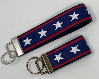Red White & Blue Patriotic Stars Jacquard Ribbon Key Fob Wristlet Keychain Keyring