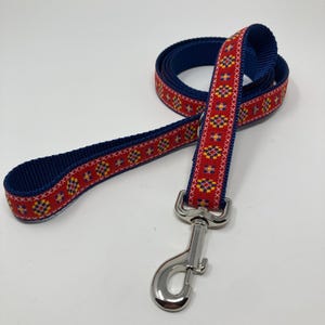 Leash:  6' red southwest print and navy blue nylon pet leash, 1" wide, leash for medium or large dog