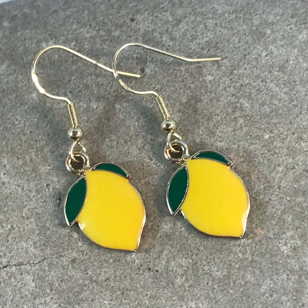 Lemon enamel fruit earrings, 14K gold-plated 925 silver wires