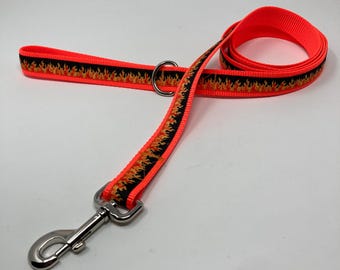 Leash:  6' Bright Orange and Flames nylon pet leash, 1" wide, leash for medium or large dog