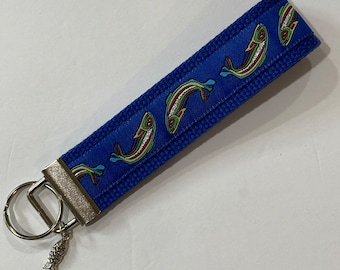 Embroidered Fish on blue Jacquard Ribbon Key Fob Wristlet Keychain Keyring