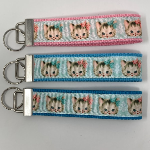 Vintage Kitten Cat Key Fob Wristlet Keychain Keyring, birthday gift
