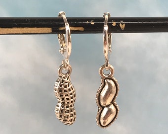 Silver peanut dangle earrings, silver-plated leverback earrings