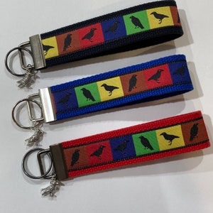 Crow Raven on multicolored Jacquard Ribbon Key Fob Wristlet Keychain Keyring