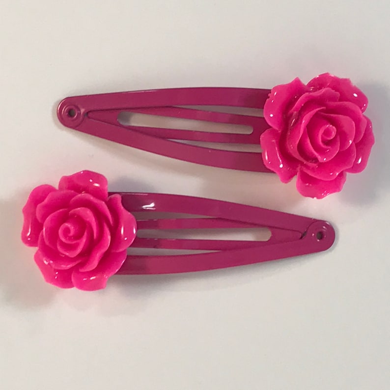 Hot pink rose snap barrettes snap clips hair clips