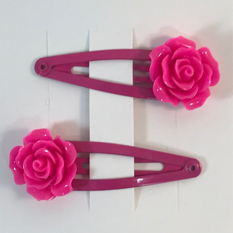 Hot pink rose snap barrettes snap clips hair clips