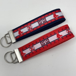 Key Fob Wristlet Keychain Keyring made with Red Sox-inspired ribbon on navy webbing