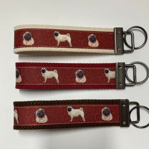 Pug Dogs on red/brown ribbon Key Fob Wristlet Keychain Keyring