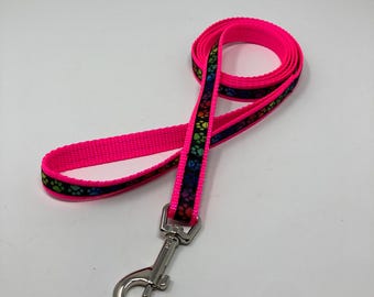 Leash:  6' bright pink with multi-color paw prints nylon pet leash, 5/8" wide, leash for cat, leash for small dog