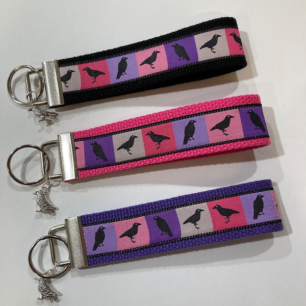 Crow Raven on tones of pink Jacquard Ribbon Key Fob Wristlet Keychain Keyring