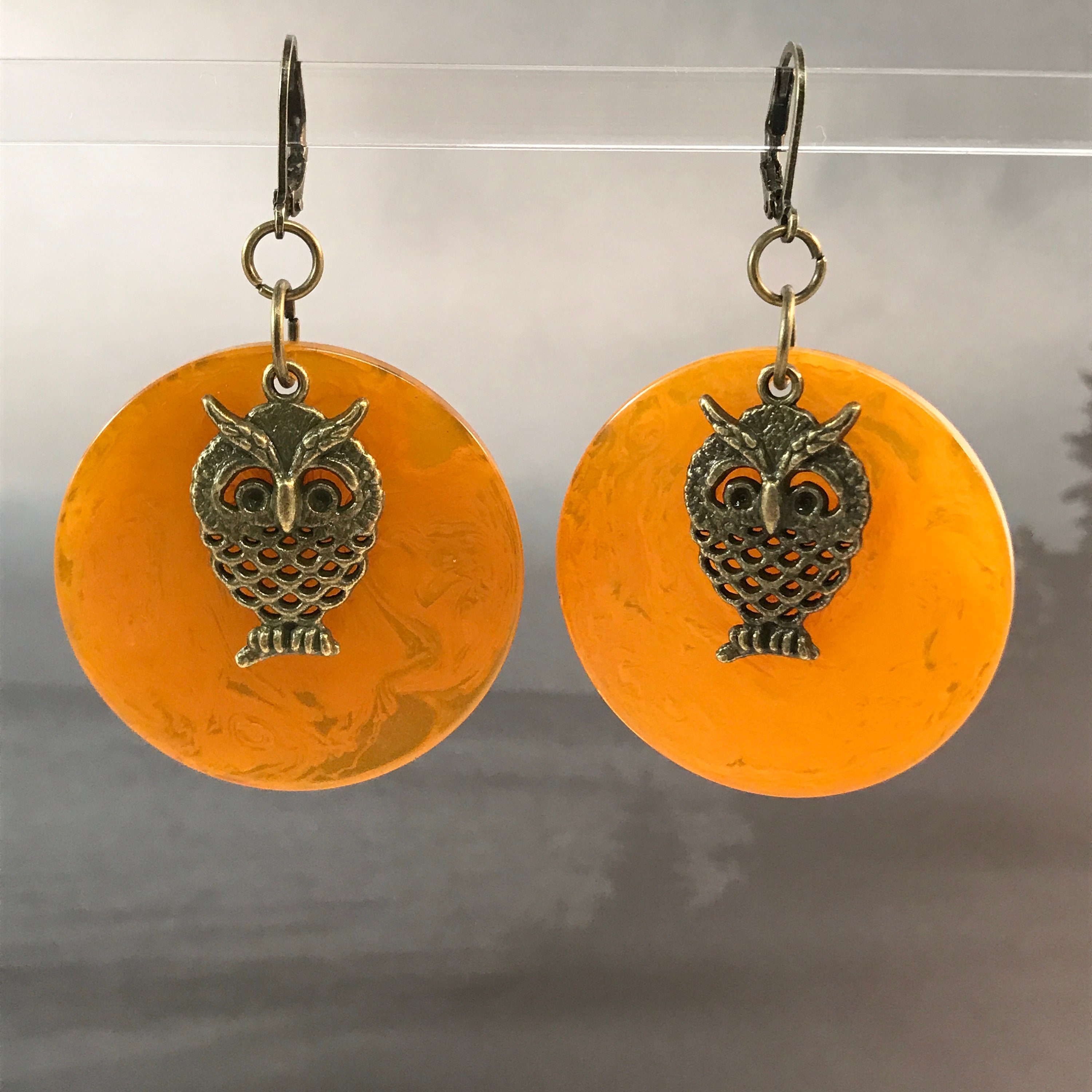 Butterscotch Bakelite Poker Chip and Brass Owl Earrings Etsy