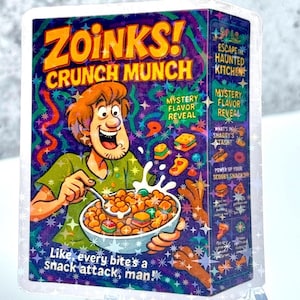 Holographic Shaggy Scooby-Doo ZOINKS! Crunch Munch Sticker – Funny Cereal Box Parody – Retro Cartoon Vinyl for Laptop & Water Bottle
