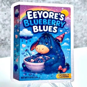 Eeyore’s Blueberry Blues Holographic Cereal Box Sticker – Sad Cartoon Donkey Vinyl Decal – 90s Nostalgia Aesthetic Waterproof Sticker