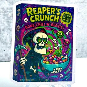 Holographic Grim Reaper Cereal Sticker – Grim Adventures of Billy & Mandy Inspired Funny Cartoon Vinyl Sticker – Reaper’s Crunch Spooky