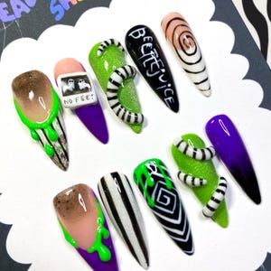 Beetlejuice Glow in the Dark inspired 3-D Gel x press on nails