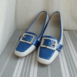 Musella ladies shoes/Italian leather shoes/Size 37.5 EU/Vintage style blue & white shoes/Block style heel/White and blue pumps/Vintage shoes