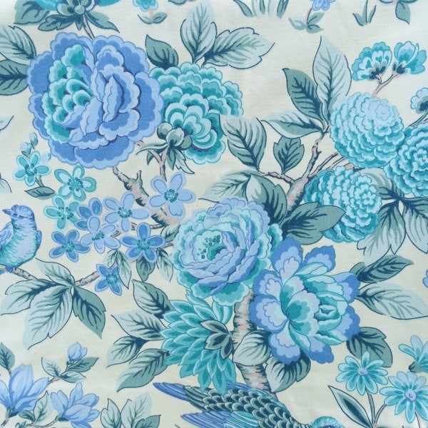 tissu chintz vintage/Oiseaux, fleurs & feuillage matériel/Crème, turquoise et bleus/Tissu rétro 2,8m x 1,3m/Revêtement, rideaux, artisanat