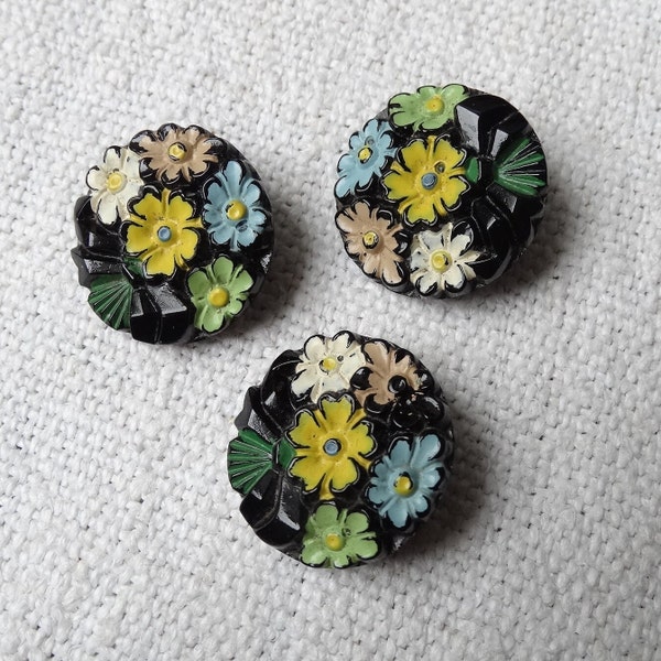 3 boutons en verre antiques/boutons floraux/boutons ronds/tige autonome/attaches de manteau/boutons en verre peints à la main/restauration de costumes/conception de robe