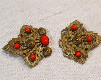 Antique cloak clasp/Czech glass & gilt brass cape clasp/Intricate gold and red belt hook/Period costume/Costume restoration/Cape fastener