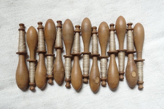 Antique French Lace Bobbins, Chunky Treen Lace Weights (set of 14