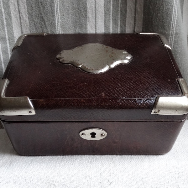 Leather covered sewing box/Antique sewing box/Tufted maroon silk lined box/Jewellery box/French sewing notions box/Antique leather jewel box