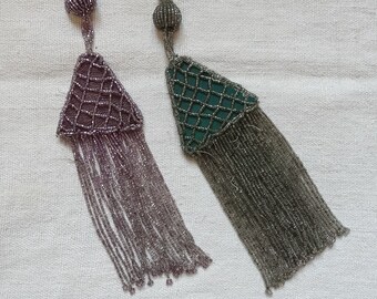 Antique beadwork epaulette/Seed bead shoulder tassel/Purple or green beaded dress adornment/Vintage clothing restoration/Sewing/Dressmaking