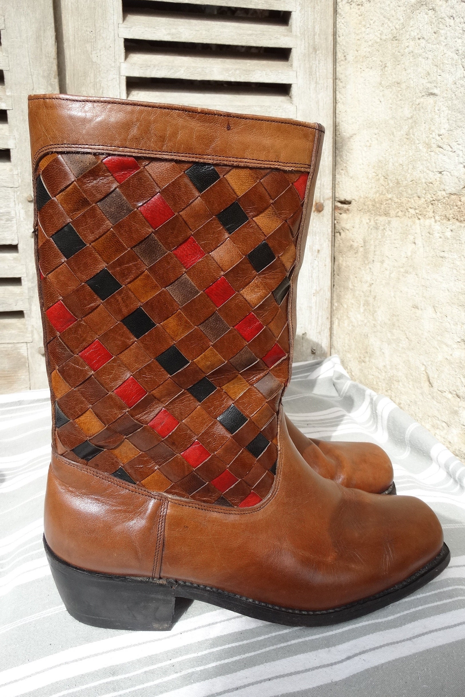 Vintage Sears Boots men s Leather Boots western Style woven