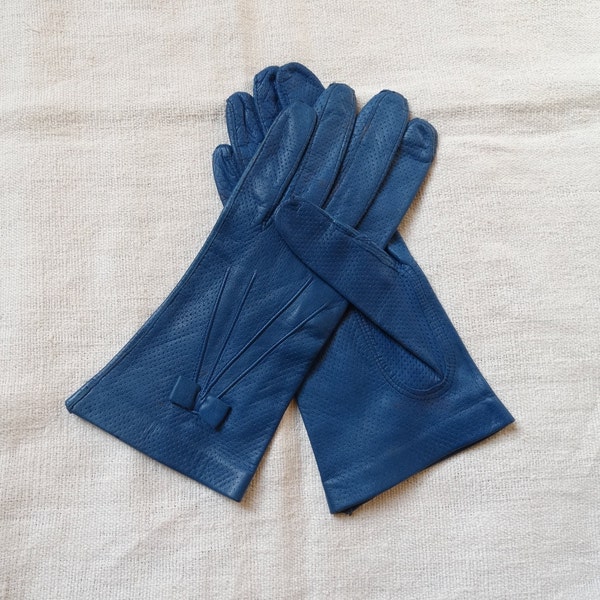 Gants en cuir bleu sarcelle pour femme/Taille 7 petit/Détail d'arc au poignet/Non doublé/vintage/Accessoire de mode/Tenue de soirée/Accessoires de scène/reconstitution