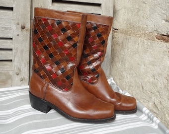 Vintage Sears boots/Men's leather boots/Western style/Woven leather sides/Leather soled boots/Mid calf/Colourful leather boots for men/9.5