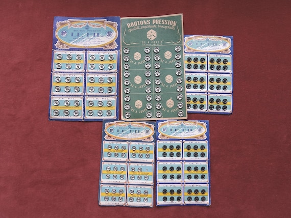 5 Vintage cards of press studs or snap fasteners/Collectible French haberdashery notions