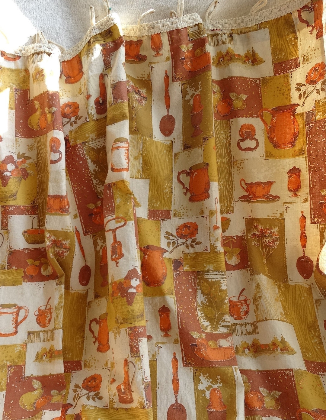 Vintage French Fabric Kitchen Curtain. Retro Material for Re-purposing ...
