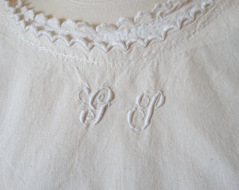 Antique Linen shift/Hand embroidered night gown/Vintage nightdress/Stage prop/Scallop embroidered neckline/Initials G P/Hand stitched dre