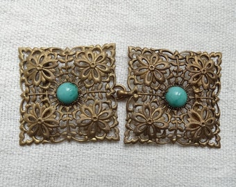 Antique cloak clasp/Filigree gilt brass & glass cape clasp/French belt hook/Period costume/Costume restoration/Rectangular belt hook and eye