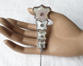Antique chatelaine clip, silver & shell/C19th French mother of pearl chatelaine hook/Victorian fashion/Delivers DDP to USA