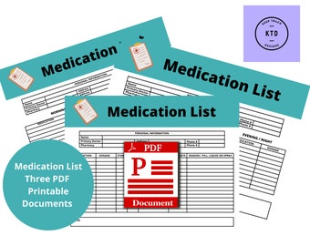 Medication Rx List Organizer | Medicine Planner | Supplement Chart | Pill Log | Tracker | Medication Chart | Instant Download | PDF