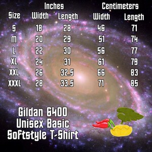 Op de afbeelding: Maattabel voor het Gildan 6400 Unisex Basic Softstyle T-shirt, met breedte- en lengtemaat in inches en centimeters voor maten S tot XXXL.