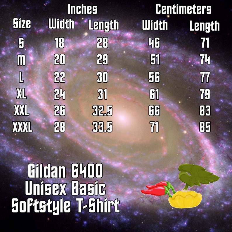 Op de afbeelding: Maattabel voor het Gildan 6400 Unisex Basic Softstyle T-shirt, met breedte- en lengtemaat in inches en centimeters voor maten S tot XXXL.