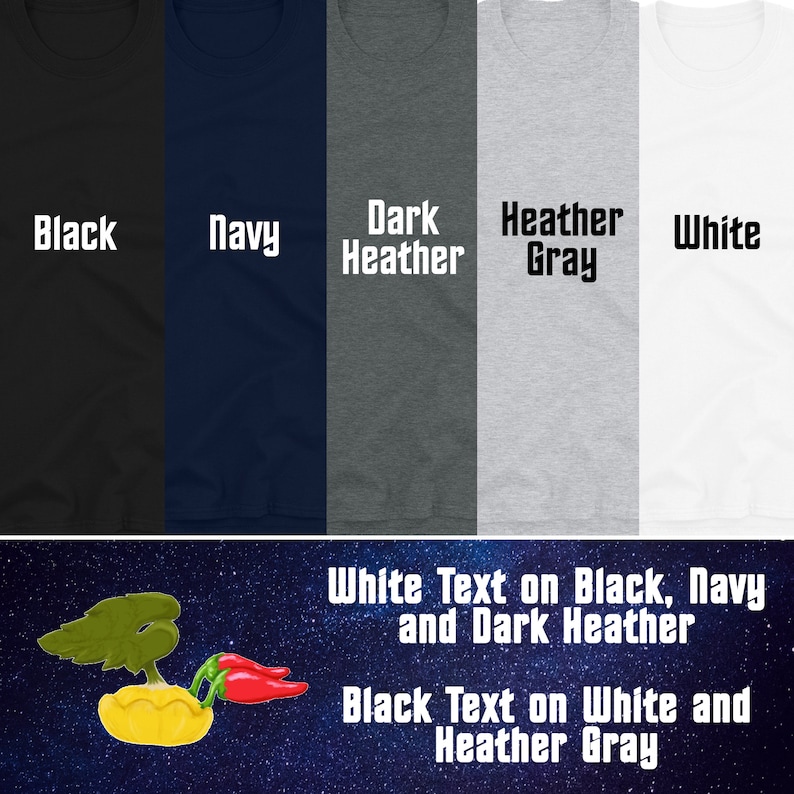 Op de afbeelding: Vijf T-shirts in verschillende kleuren: zwart, marineblauw, donker grijs melange, grijs melange en wit. De tekst "White Text on Black, Navy and Dark Heather" en "Black Text on White and Heather Gray" staat onder de shirts gedrukt.