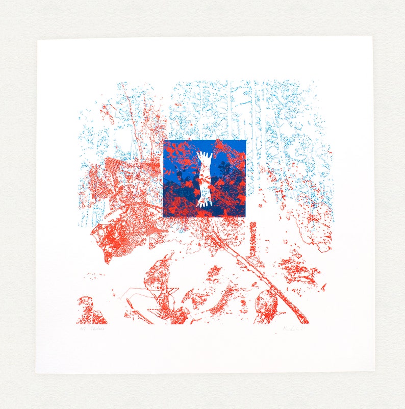 4-ink silkscreen red blue contemporary engraving hand image 1