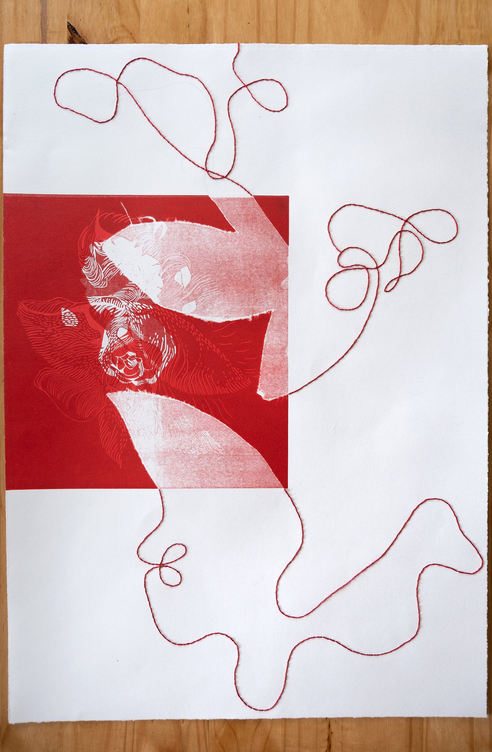 Hand embroidered xylograph engraving contemporary print red Etsy