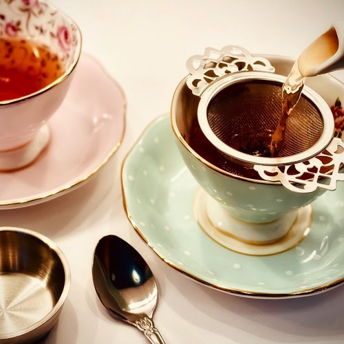 Edwardian Tea Strainer | English Tea Strainer | Victorian Tea Strainer | Strainer with Drip Bowl