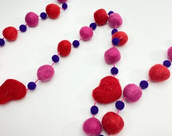 Purple Valentine Garland, Red, Purple, and Pink Garland, Red Heart Garland, Felt Ball Garland