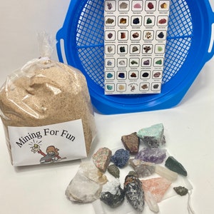 Gemstone crystal Mining bag Kit, Mining Rough Stone Mix, Mineral Gemstone Dig Activity with ID chart and bag.