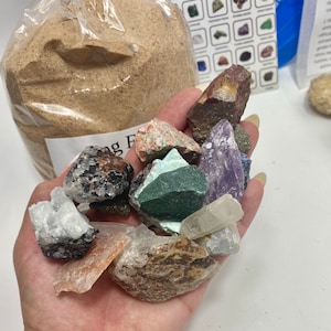 3 lb bag Gemstone crystal Mining Kit, Mining Rough, Mineral Gemstone Dig Activity w/ ID chart & bag. Educational stocking stuffer, Christmas